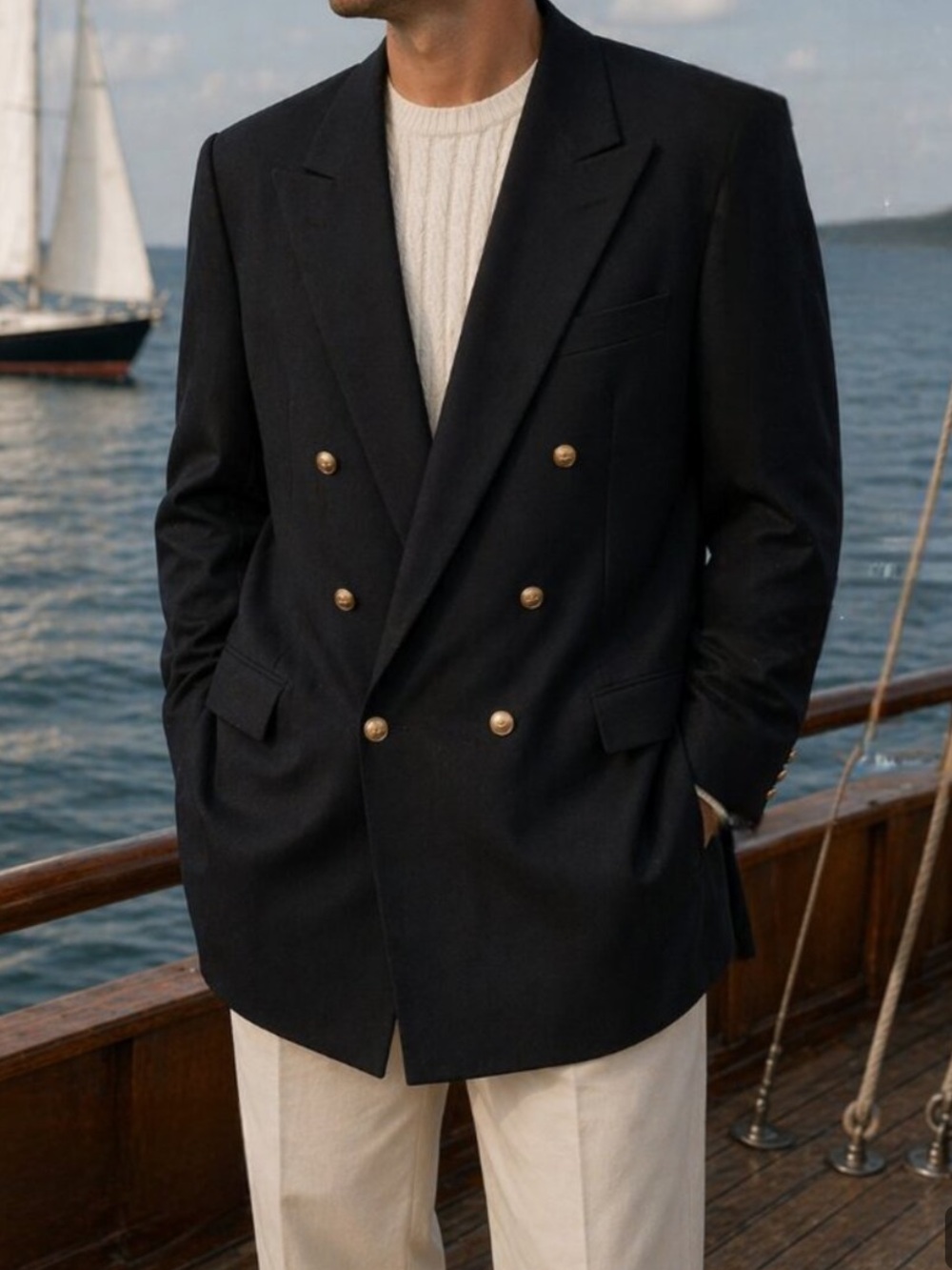 Burberry navy blue vintage Double-Breasted Wool Blazer with Gold Buttons